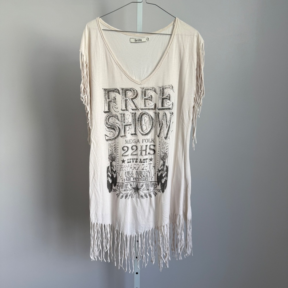 Bershka Womens Large‎ Fringe Tunic Top Free Show Graphic Bohemian Festival